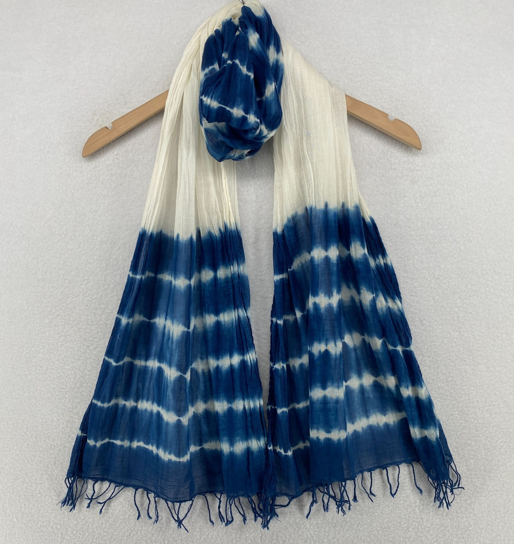 EILEEN FISHER Scarf OS Tie Dyed Gauze Cotton Fringed Wrap Blue 22" x 72"